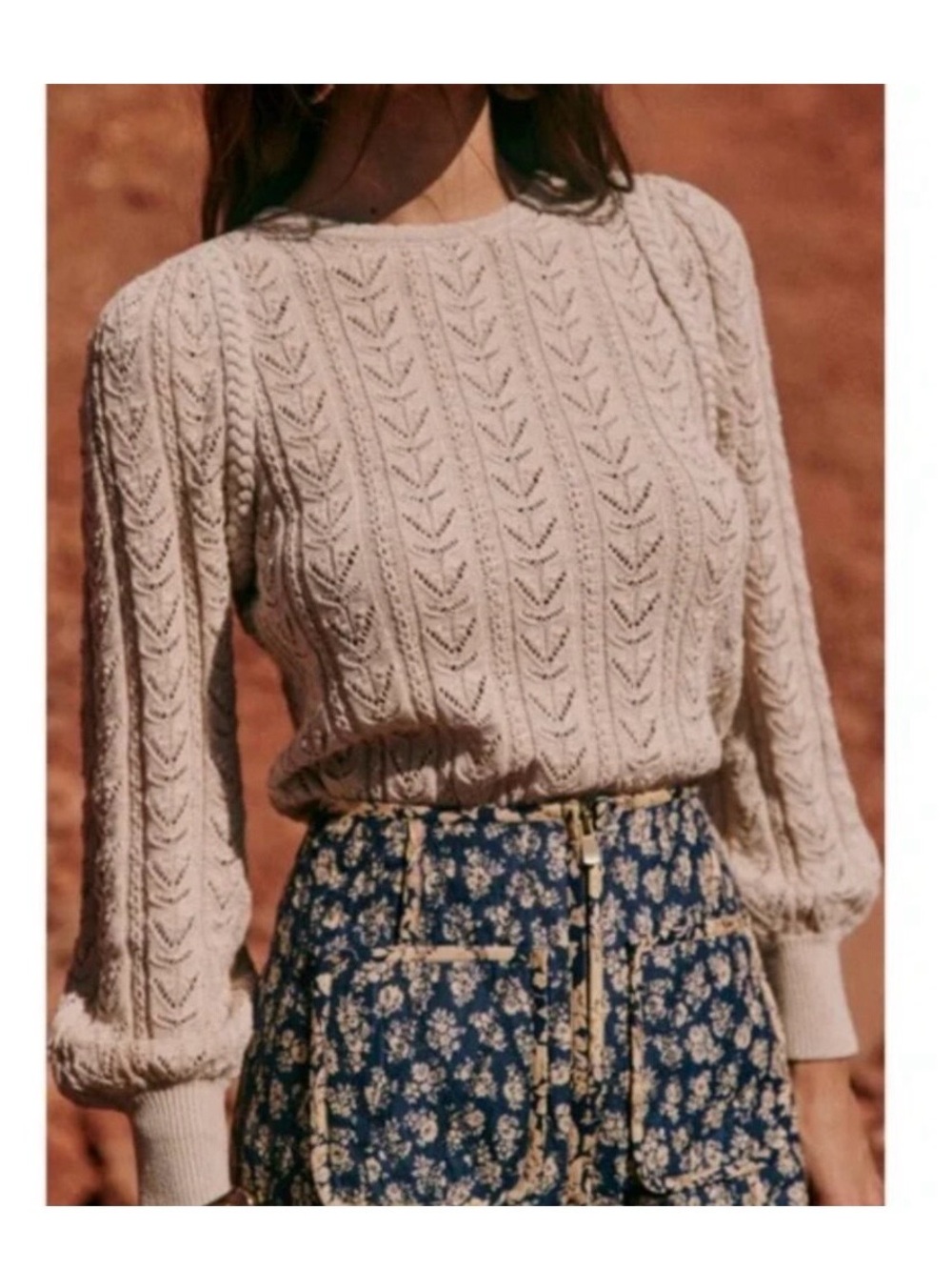 SEZANE Neutral Beige
Crochet Cotton Knit Braided Balloon Sleeve Maxen